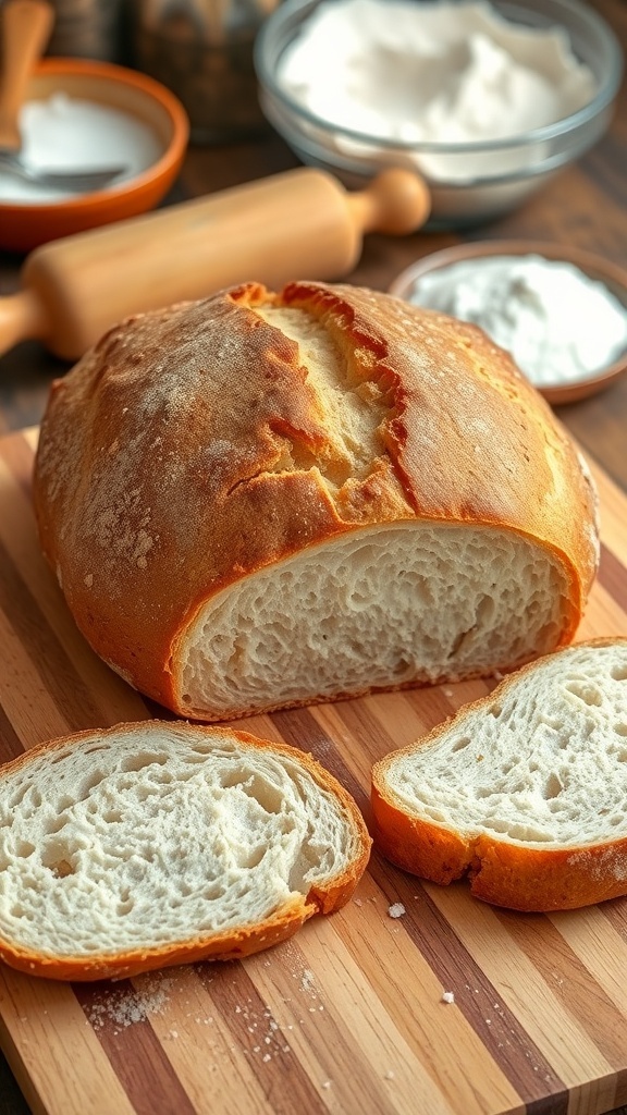 A golden-brown sourdough bread loaf with a crispy crust and soft interior, displayed on a wooden board.